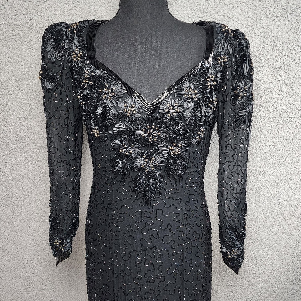 Vtg De Oscar Dress 8 Silk Beaded Black Formal Cocktail Embroidered Maxi Retro